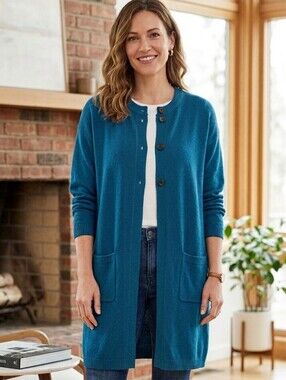 J.Jill Blue Long Cardigan Sweater Size L Front Pockets Button 💙 Long Sleeve